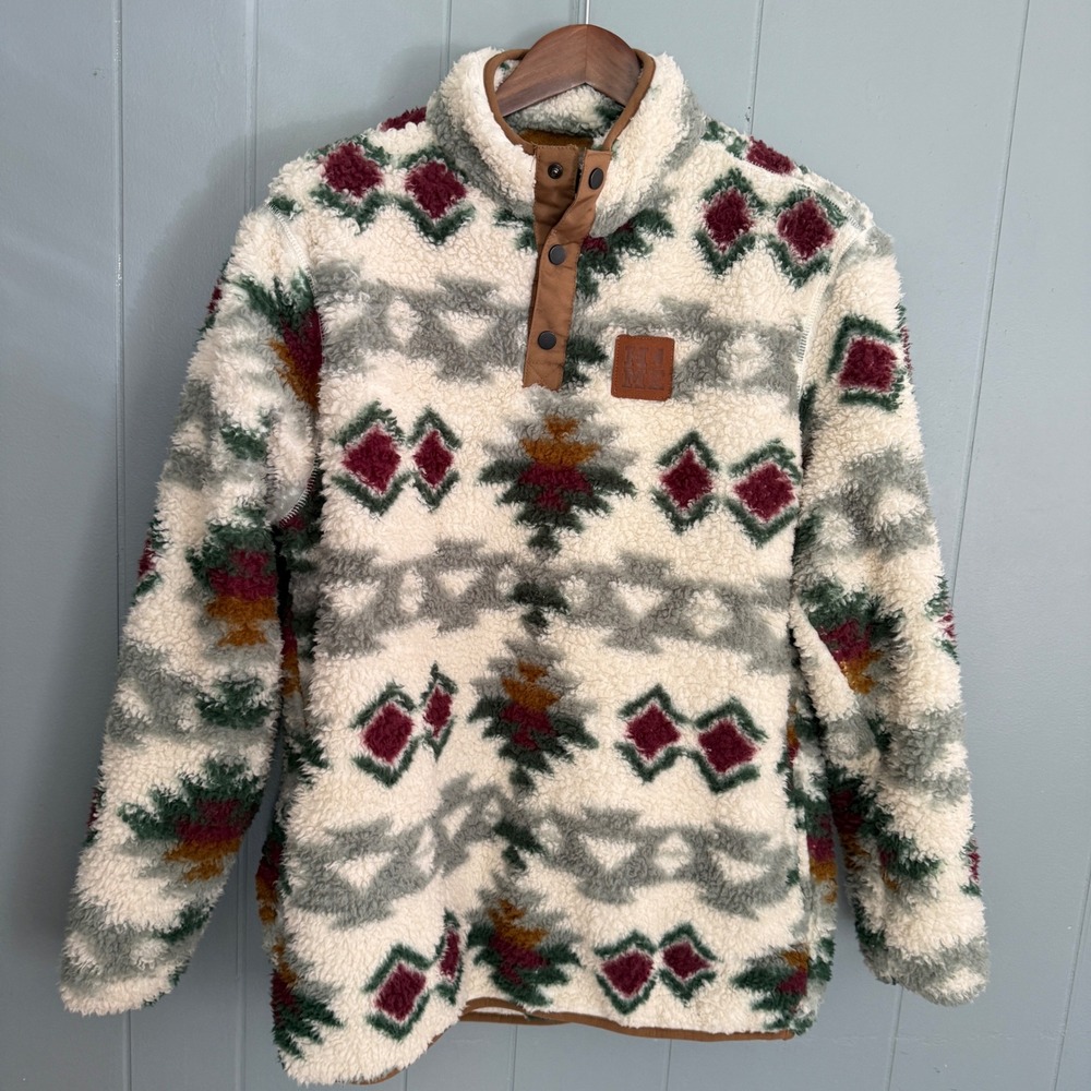 Home Free Aztec Southwestern Sherpa Quarter Snap Fleece Pullover Unisex L Cream